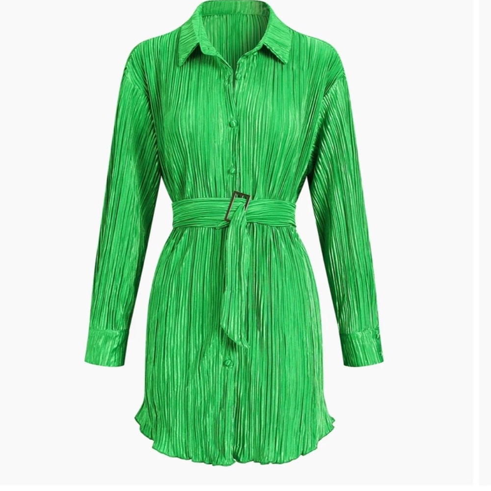 Commense Green Pleated Button-Up Dress